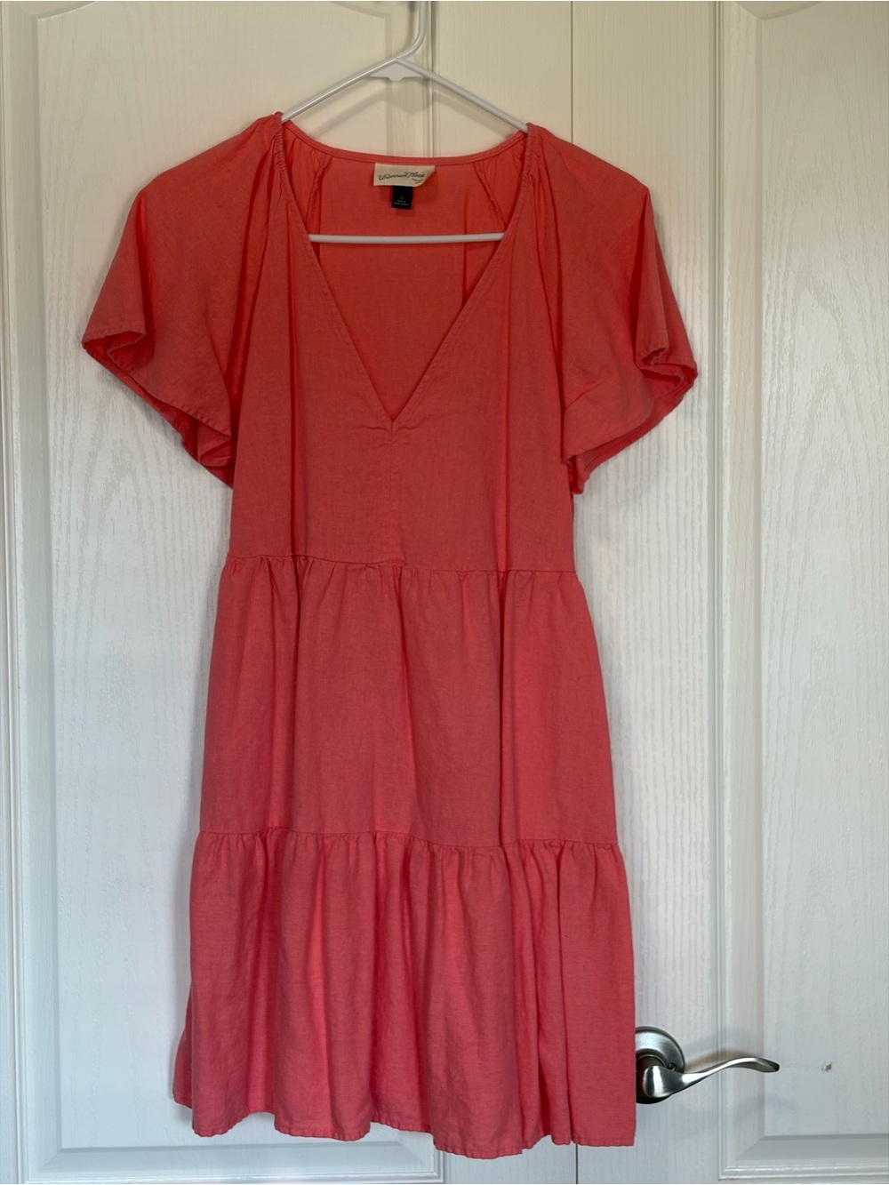 Universal Thread Coral Pink V-Neck Tiered Ruffle Sleeve Dress Linen Small